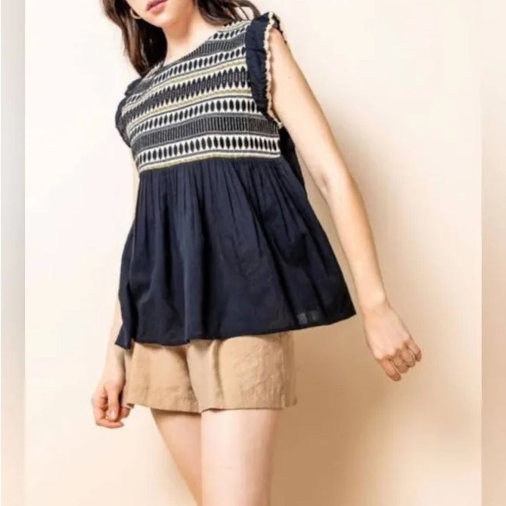 THML Black and Cream Ruffle Sleeve Blouse